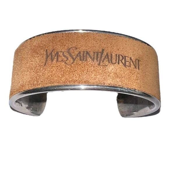 AUTH VTG Yves Saint Laurent YSL Sterling Silver Suede Leather Logo Cuff Bracelet - Picture 13 of 16